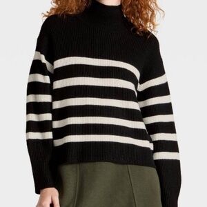 A New Day Women's Funnel Pullover Black/Cream Striped Sweater Size Medium